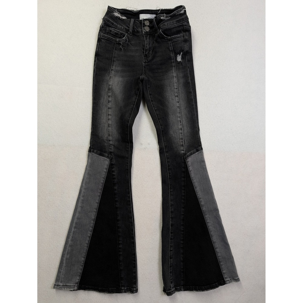 Vervet Womens Jeans 24 Flare Bell Bottom Colorblock Distressed Black